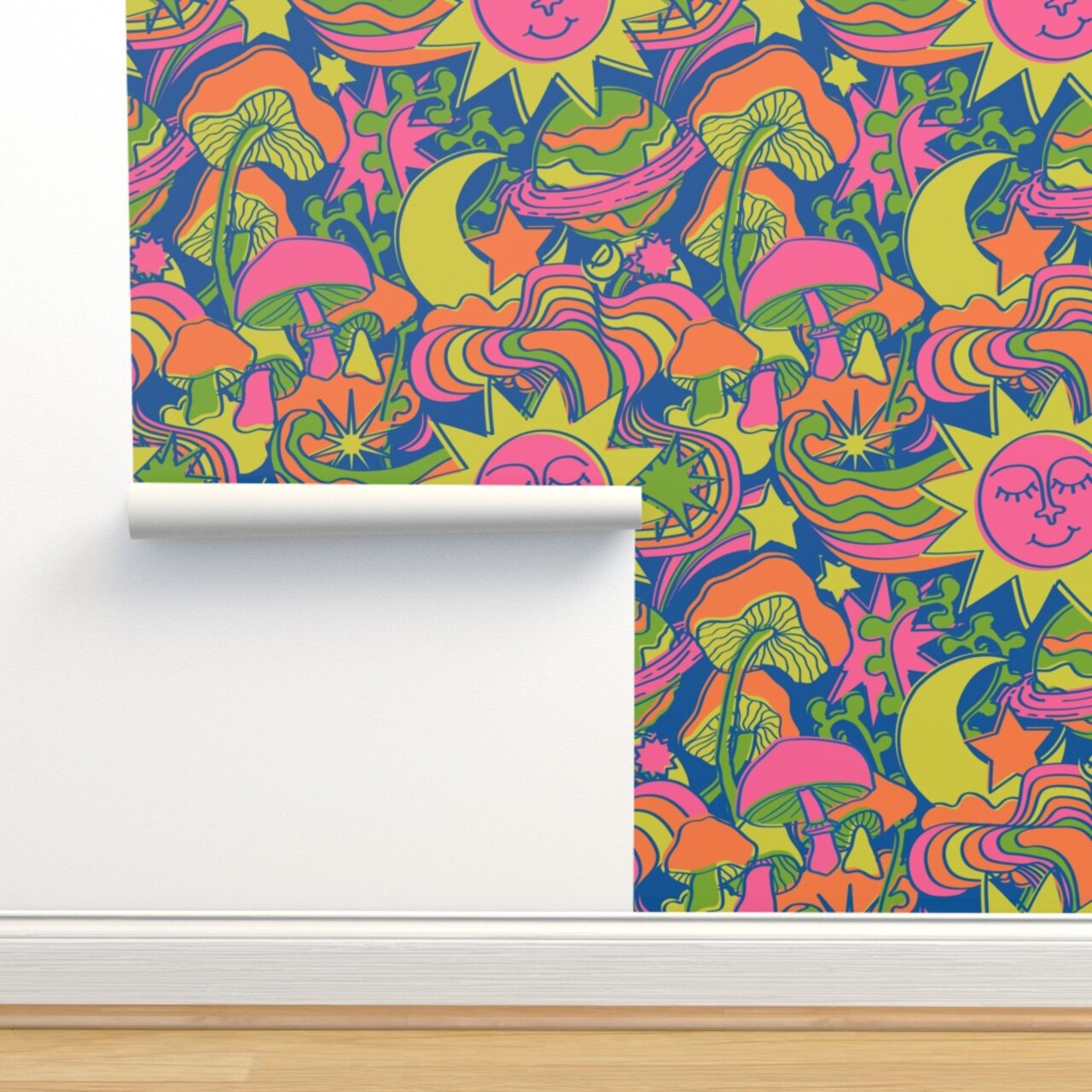 Neon Suns Blue Groovy 70S 1970S Retro Whimsical Moon Stars Boho Colorful Hippie Custom Pre-pasted Wallpaper by Spoonflower Pre-Pasted Wallpaper 2FT Wide